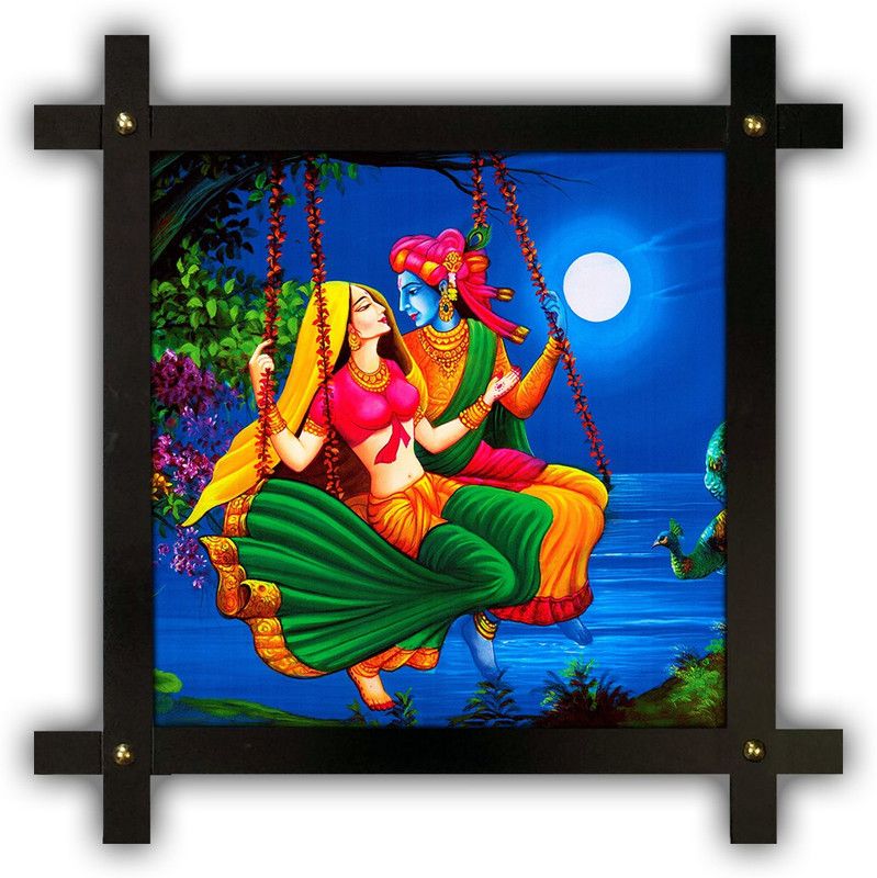 Poster N Frames Cross Wooden Frame Hand-Crafted with photo of Radha Krishna 17520 Digital Reprint 16.5 inch x 16.5 inch Painting  (With Frame)