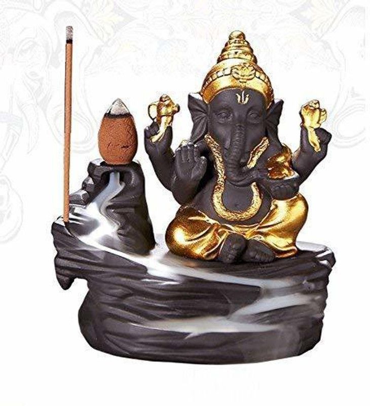 QYZL Lord Ganesha Smoke Backflow Cone Incense Holder Showpiece Decorative Showpiece - 4 cm  (Polyresin, Gold)