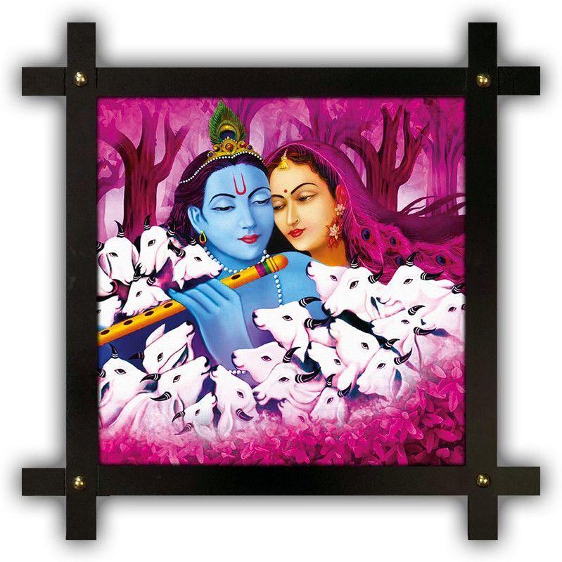 Poster N Frames Cross Wooden Frame Hand-Crafted with photo of Radha Krishna 14709 Digital Reprint 16.5 inch x 16.5 inch Painting  (With Frame)