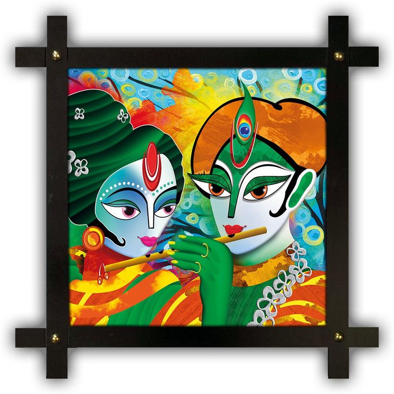 Poster N Frames Cross Wooden Frame Hand-Crafted with photo of Radha Krishna 11605 Digital Reprint 16.5 inch x 16.5 inch Painting  (With Frame)