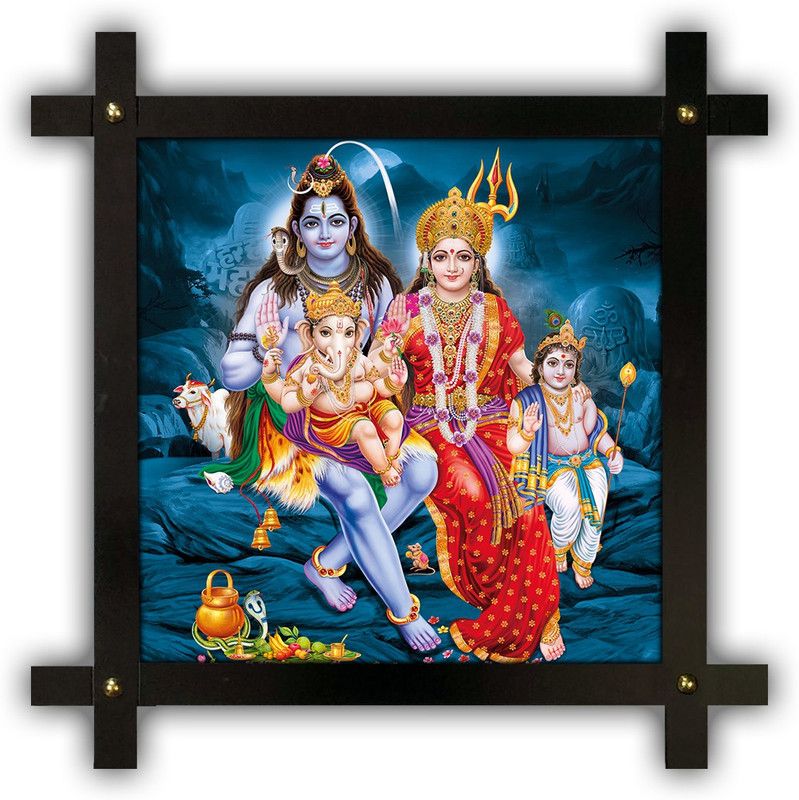 Poster N Frames Cross Wooden Frame Hand-Crafted with photo of Bhole Nath parivar (Maa Parvati, Ganesh, Kartikey and Shiv Shankar) 20804-crossframe Digital Reprint 16.5 inch x 16.5 inch Painting  (With Frame)