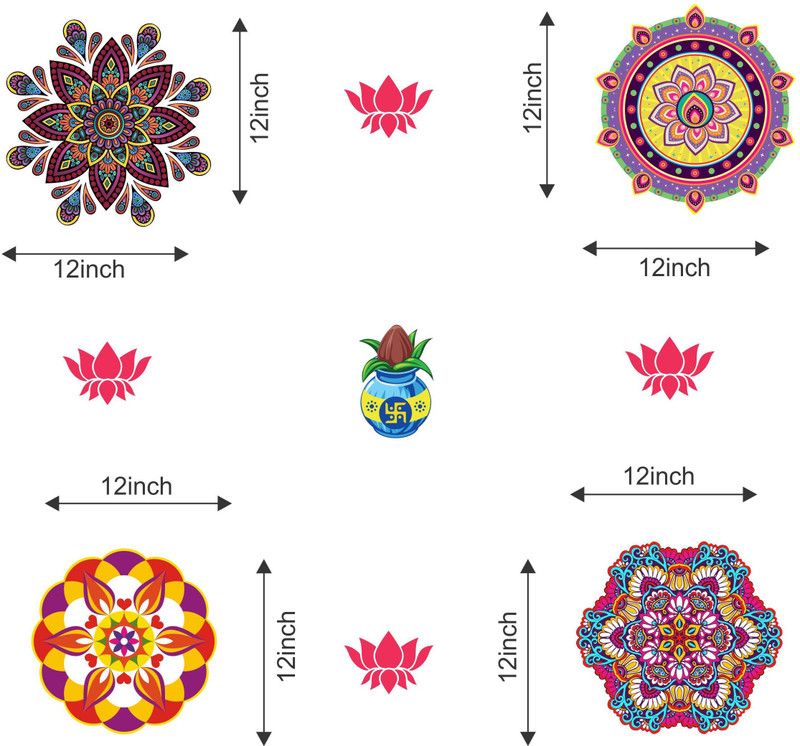 Decoration Designs 30 cm Floral Rangoli Combo Sticker for Diwali with KalGDh and Lotus _GD597 Self Adhesive Sticker  (Pack of 9)