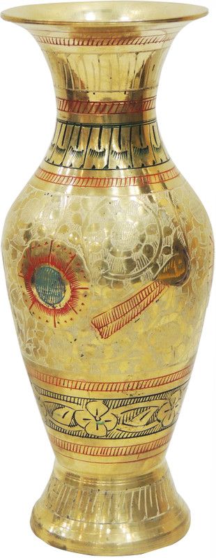 Brass Gift Center Brass Flower vase with handwork Brass Vase  (7.5 inch, Yellow)