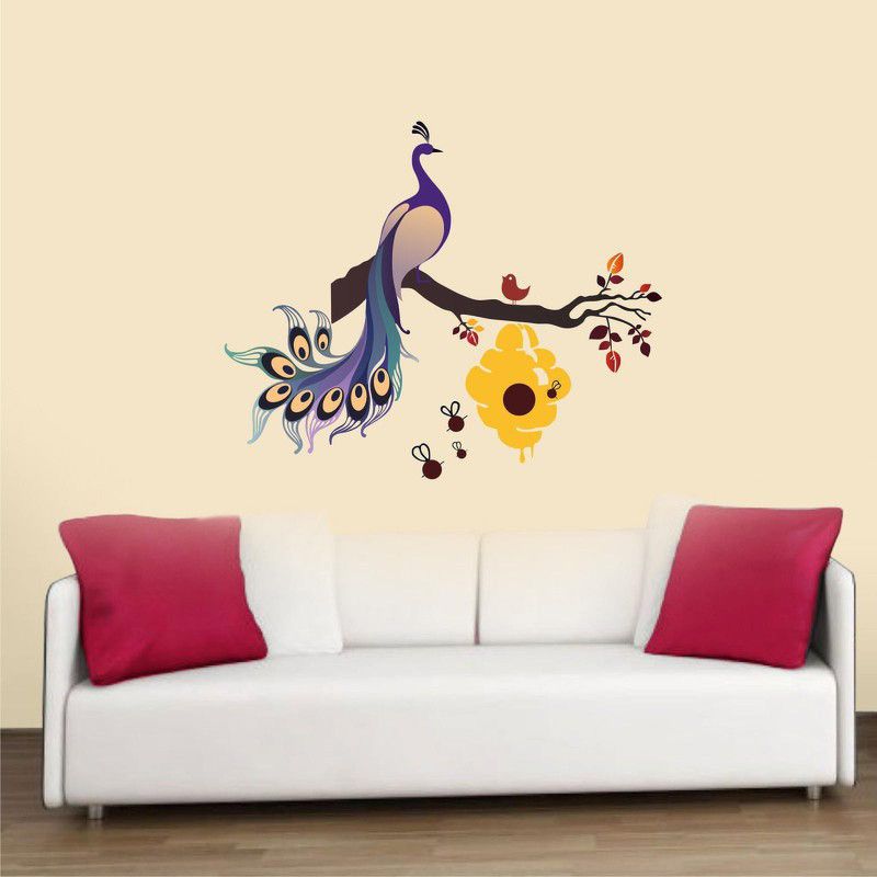 Burhani Decor 100 cm decorative tree leaves on bird honey bee multicolour peaceful peacock wall sticker for home décor ( pvc vinyl multicolour ) Self Adhesive Sticker  (Pack of 1)