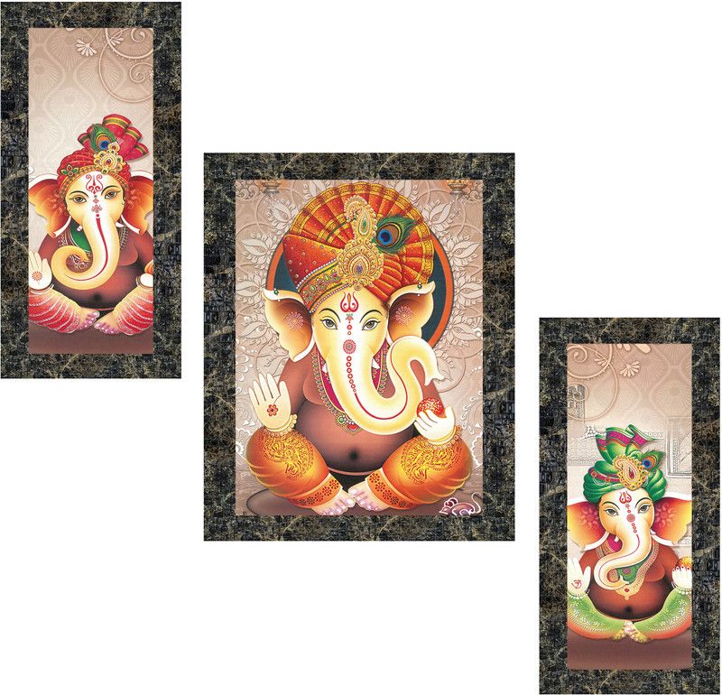 Indianara Set of 3 Lord Ganesha Framed Art Painting (1544MGY) without glass Digital Reprint 13 inch x 10.2 inch Painting  (With Frame, Pack of 3)