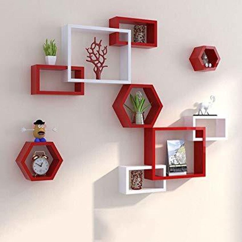 Decorhand Wall Mount Intersecting Hexagon Wall Shelves MDF (Medium Density Fiber) Wall Shelf  (Number of Shelves - 9, Red, White)
