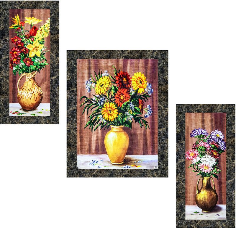 Indianara Set of 3 Multicolored Flowers in a Pot Framed Art Painting (1406MGY) without glass (6 X 13, 10.2 X 13, 6 X 13 INCH) Digital Reprint 13 inch x 10.2 inch Painting  (With Frame, Pack of 3)