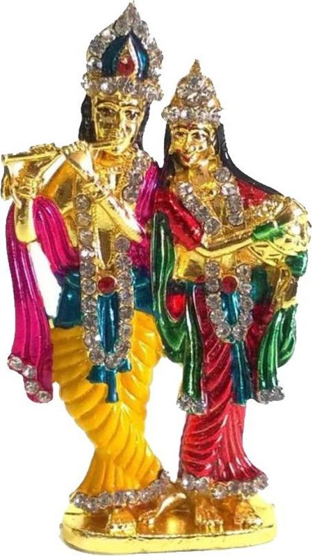 FABZONE Gold Plated With Stone Lord Radha Krishna Car Dashboard Idol God Krishan / Makhan Chor Handicraft Statue Spiritual Puja Vastu Fegurine - Religious Murti Pooja Gift Item / Home Decor Decorative Showpiece - 8 cm  (Cast Iron, Multicolor)