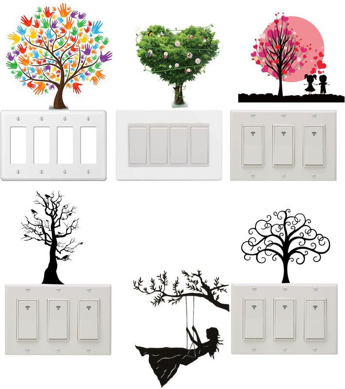 Prime Home Decor 30 cm tree and flower vine Switch Penal Sticker For Home Décor Self Adhesive Sticker  (Pack of 6)