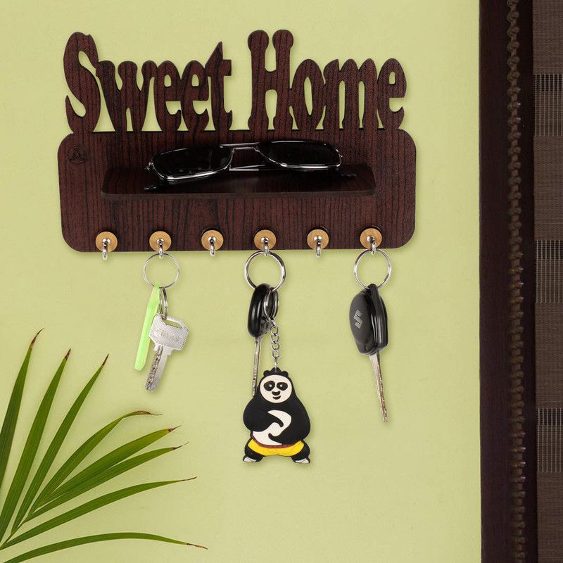 WEB SHOPY Wood Key Holder  (6 Hooks, Brown)
