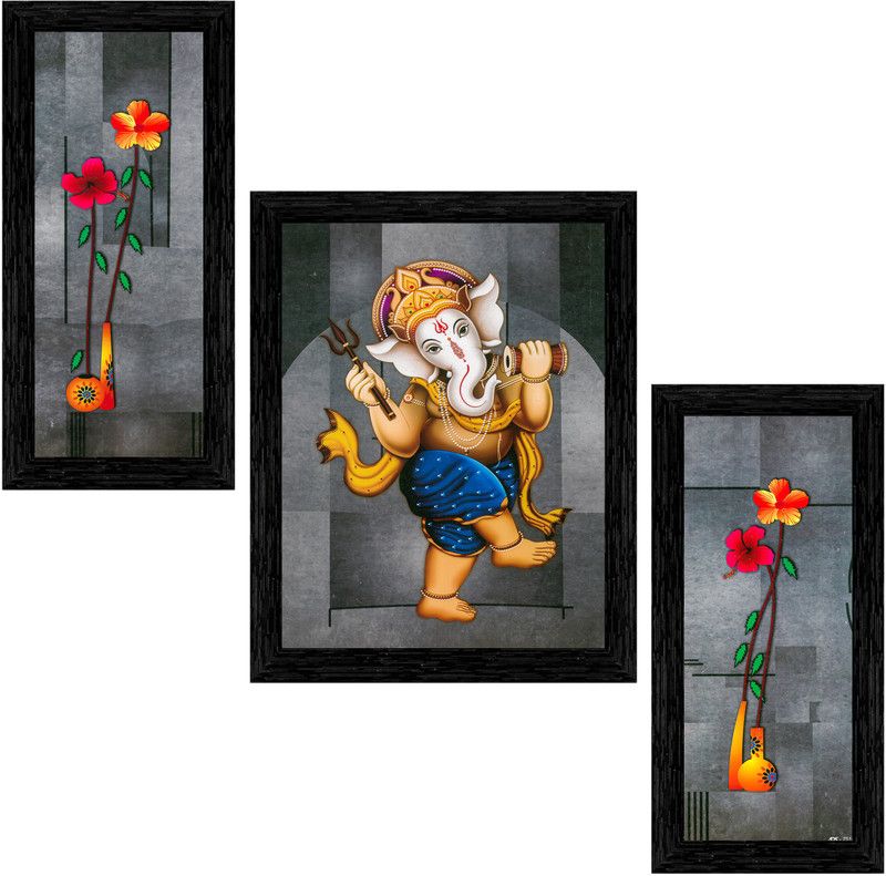 Indianara Set of 3 Ganesha With Flower Framed Art Painting (1164BK) without glass (6 X 13, 10.2 X 13, 6 X 13 INCH) Digital Reprint 13 inch x 10.2 inch Painting  (With Frame, Pack of 3)