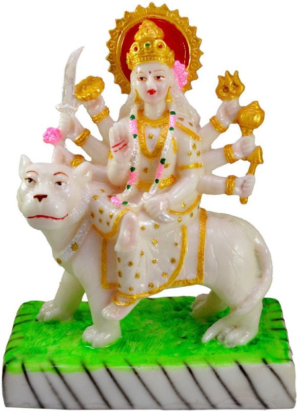 Crafting Bear Hand Carved Hindu Goddess Durga Ma Marble Polish Resin Idol Statue Sculpture Decorative Showpiece - 8.5 inches Decorative Showpiece - 21 cm  (Polyresin, White, Green)