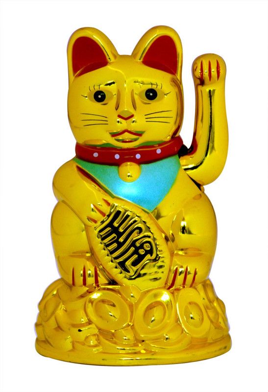 9tees Mart / Vastu / Feng Shui / Welcome Cat Sitting On Money Ingots For Health Wealth And Happiness Prosperity Decorative Showpiece - 12 cm  (Plastic, Gold)