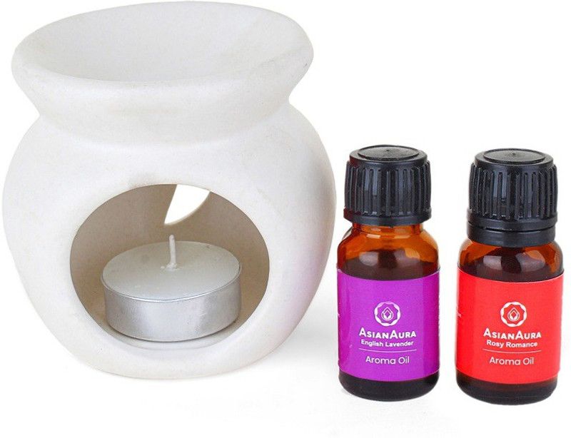 Asian Aura Aroma Oil Burner Moon Cut Shape with 1 Candle & 2 Fragnance oil (English Lavender,Rosy Romance) Gift Set for Home Fragnance, White Diffuser Set  (10 ml)