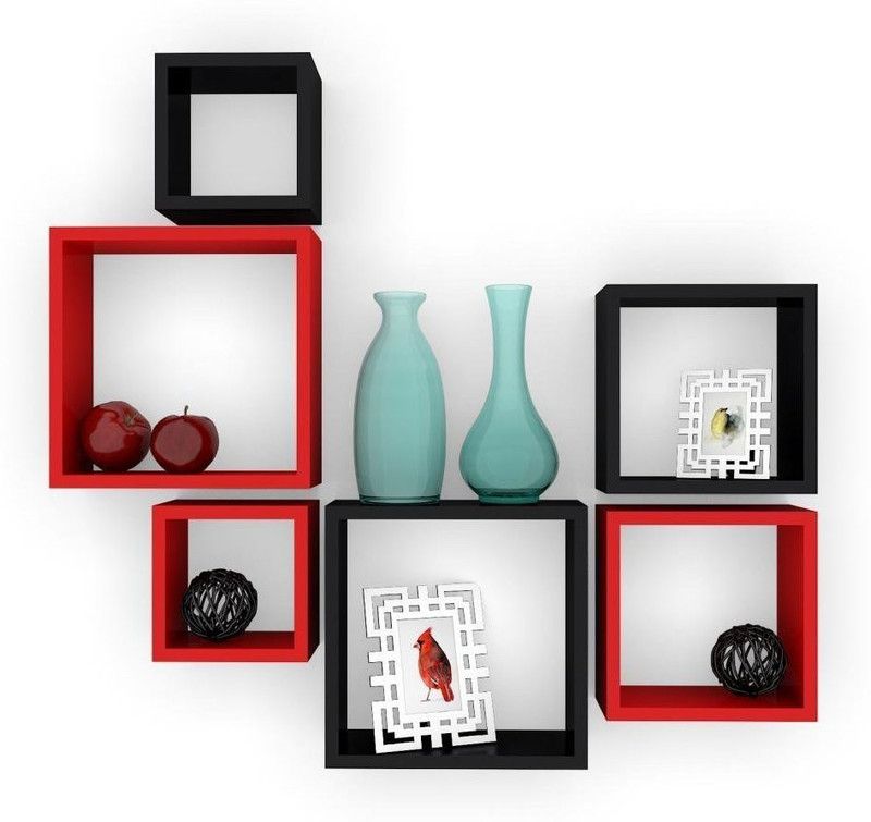 ANB Enterprises Wall shelf Square shape shelves MDF Wall hanging mounted floating wall decorative MDF MDF (Medium Density Fiber) Wall Shelf  (Number of Shelves - 6, Black, Red)