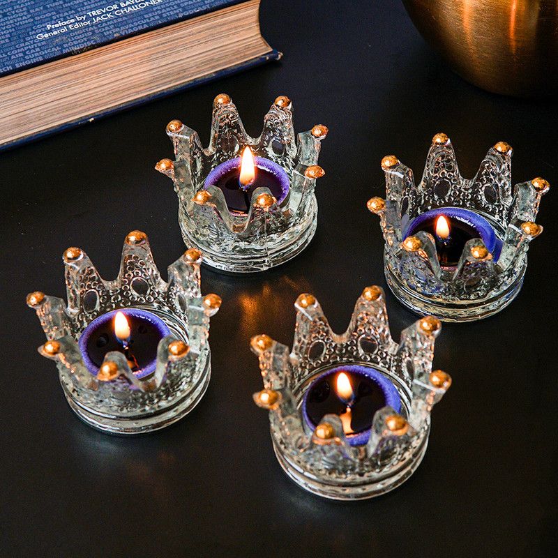 StatueStudio Tealight Candle Holder 4 Crystal Crown Tealight Candle Stand for Décor & Gift Glass 4 - Cup Tealight Holder Set  (White, Pack of 4)
