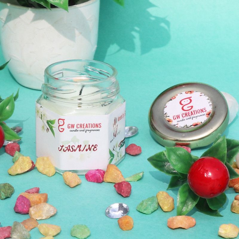 GW Creations Hexagonal Jasmine Jar Candle Set of 01. Made up of Parrafin Wax .(100 g) Candle  (Green, Pack of 1)