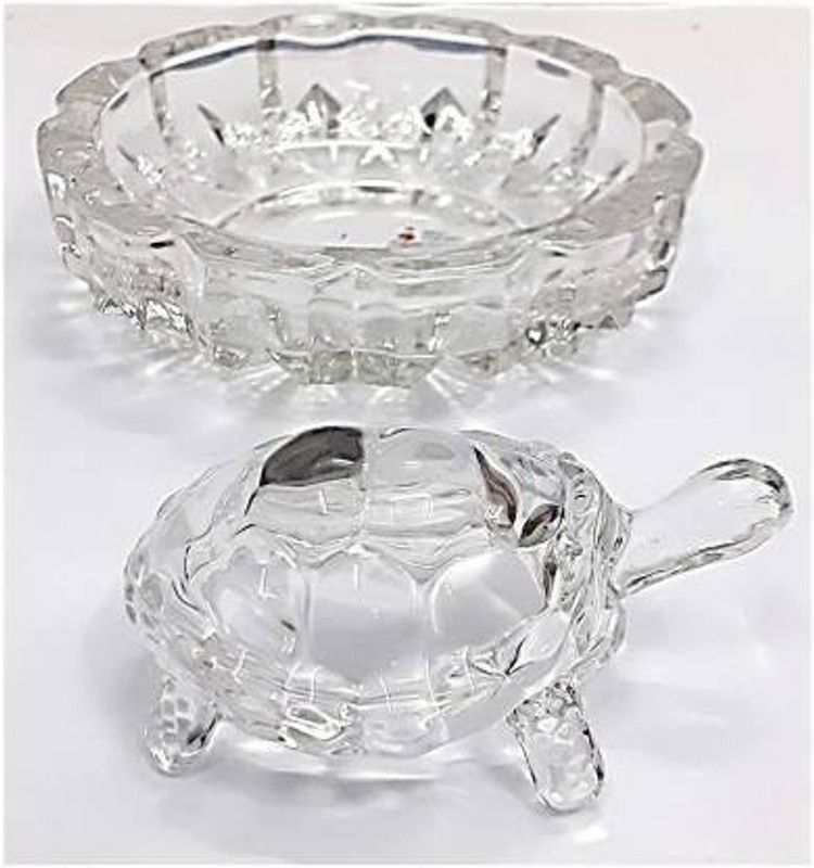 VALUE CRAFTS l Crystal Turtle Tortoise with Plate for Feng Shui and Vastu Decorative Showpiece - 6 cm  (Glass, Clear)