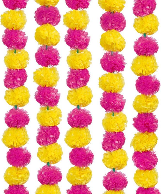 The Thaath Fluffy Artificial flower, Toran For Diwali, Home Decoration Pack of 5 Magenta & Yellow Multicolor Marigold Artificial Flower  (60 inch, Pack of 5, Garlands)