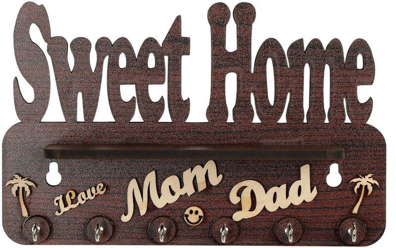 FMSA4 NEW WOODEN KEY HOLDER SINGLE RACK SHELF INGRAV MOM & DAD Wood Key Holder  (6 Hooks, Brown)