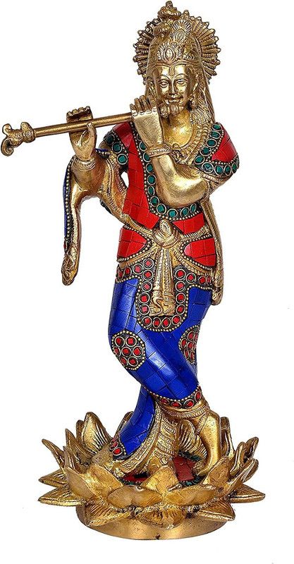 DAS TRADERS Brass Krishna statue for home and mandir Decorative Showpiece - 30 cm  (Brass, Gold)