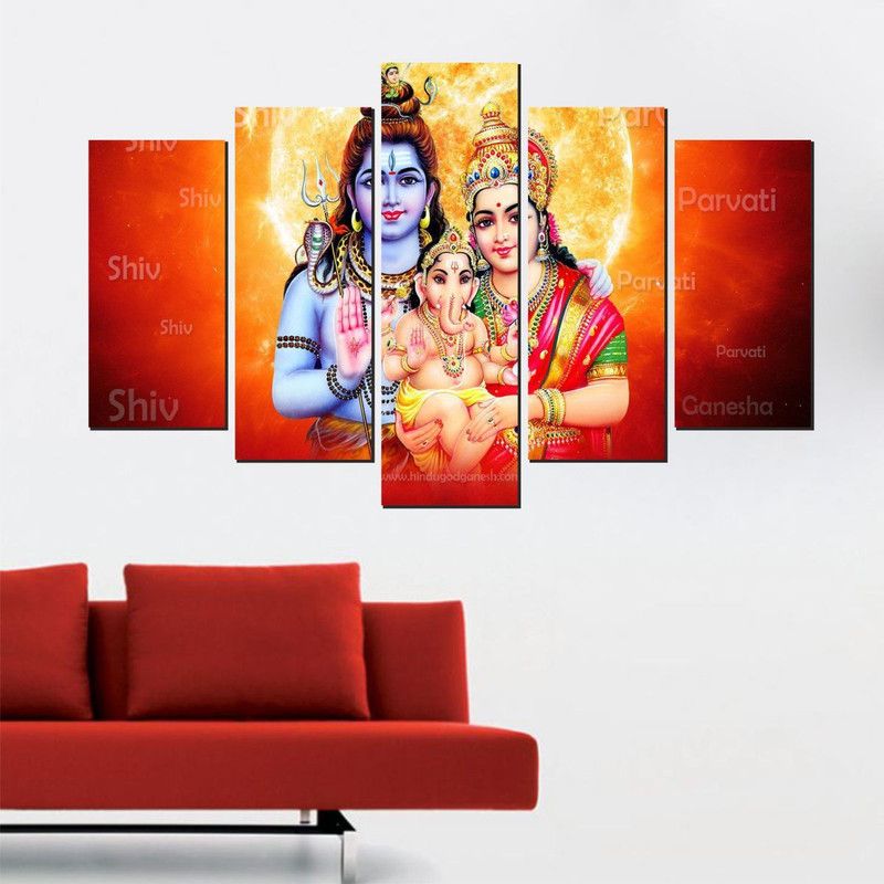 Saiii Designs 79 cm Mahadev Paarwati Maa Ganpati Bappa Five Piece Poster wall Covering Area-(W 79 X H 49) Self Adhesive Sticker  (Pack of 5)
