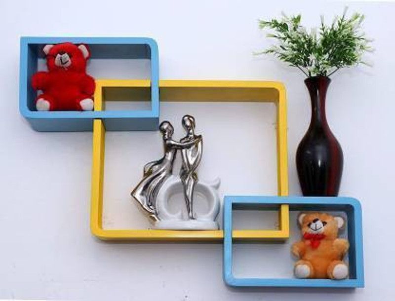 AN Craft Wall shelf intersecting shelves Set of 3 MDF MDF (Medium Density Fiber) Wall Shelf  (Number of Shelves - 3, Blue, Yellow)