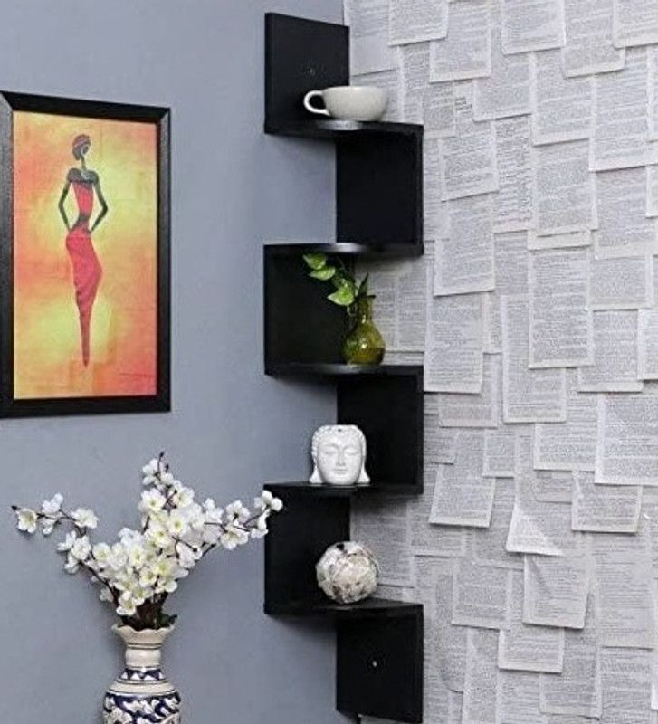 BLUEWAVE CRAFT zig zag corner shelf MDF (Medium Density Fiber) Wall Shelf  (Number of Shelves - 5, Black)