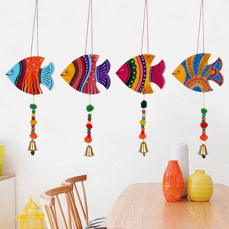 Priscilla Suanand Fish Wall Hanging Door Latkan Toran for Living Room item(Pack Of 4 Unit) Decorative Showpiece - 43.18 cm  (Wood, Multicolor)