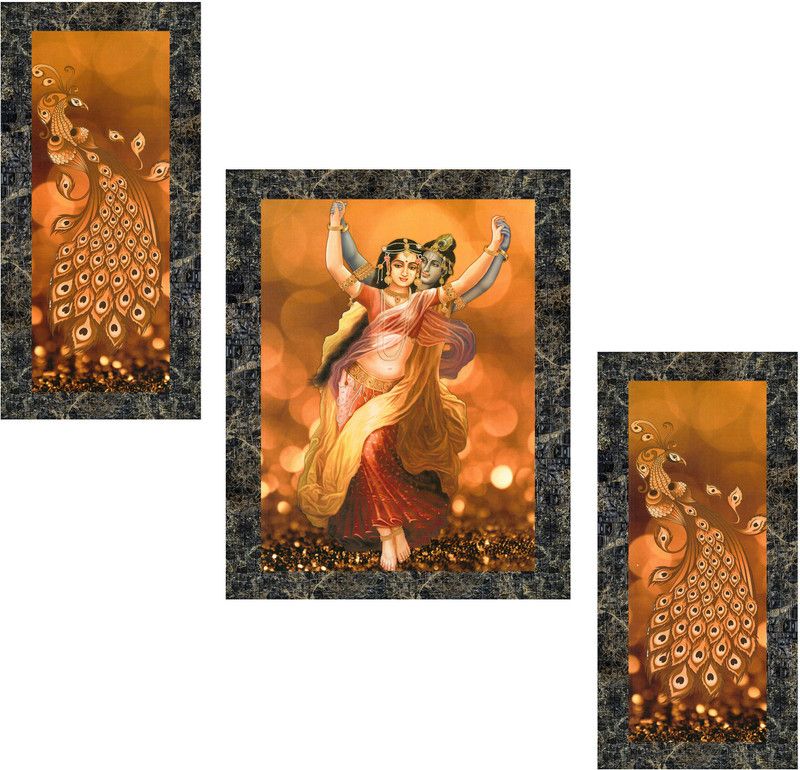 Indianara Set of 3 Radha Krishna with Peacock Framed Art Painting Digital Reprint 13 inch x 10.2 inch Painting  (With Frame, Pack of 3)