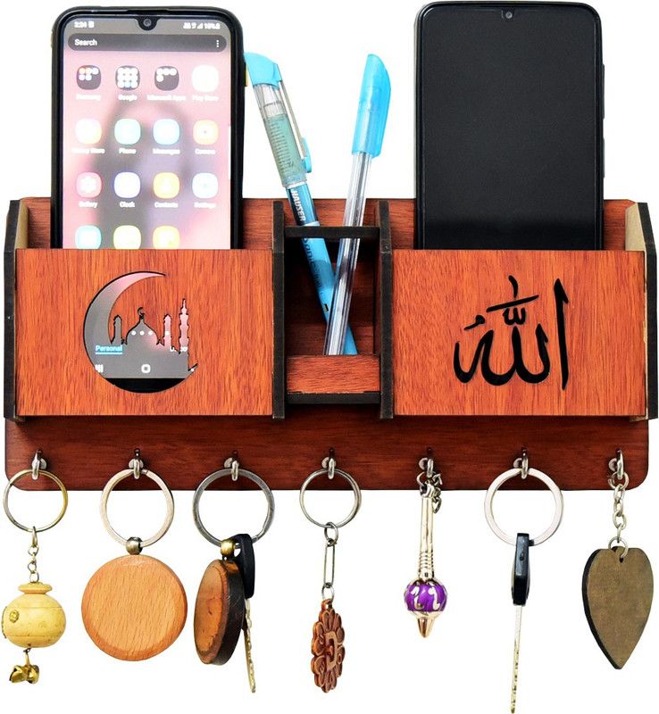 Murli Creations Allah with double mobile stand and pen holder wood key holder Wood Key Holder  (7 Hooks, Multicolor)