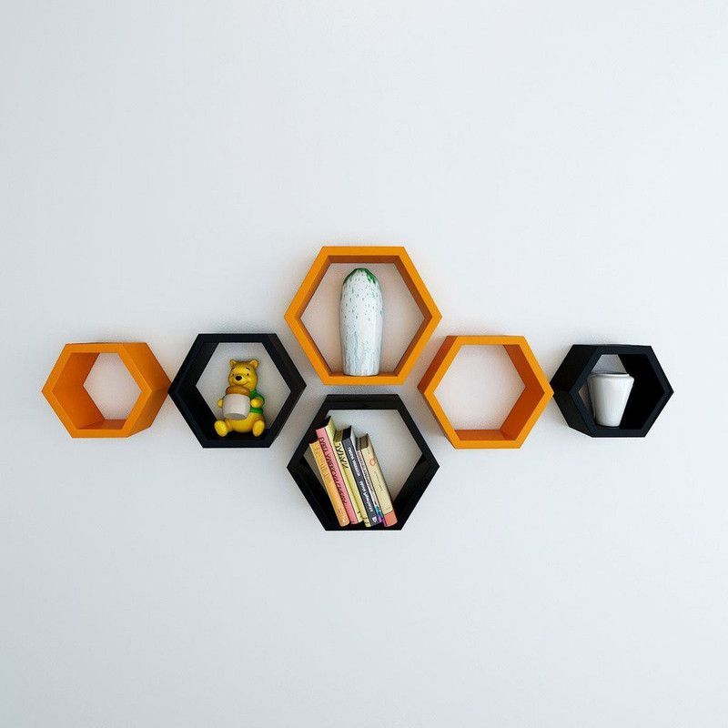 RAG Solutions RAG Solutions Hexagon Shape Set of 6 Floating Wall Shelves (Black, Orange) MDF (Medium Density Fiber) Wall Shelf  (Number of Shelves - 6, Black, Orange)