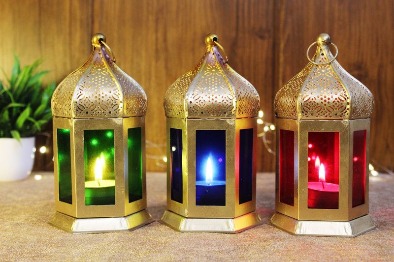 Handiwork Colorful Moroccan Lantern by Story Home Iron 1 - Cup Tealight Holder  (Red, Blue, Green, Pack of 3)