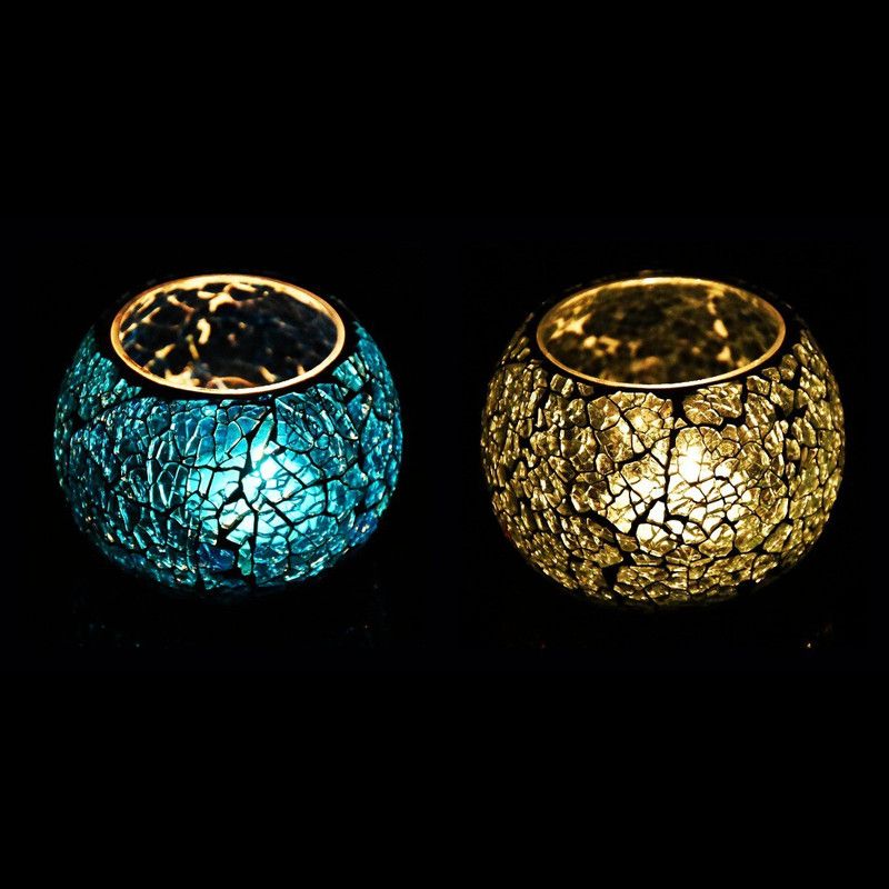 iHandikart Crackle Tea Light Candle Holder Pack Of 2 (9060) Glass Tealight Holder  (Multicolor, Pack of 2)