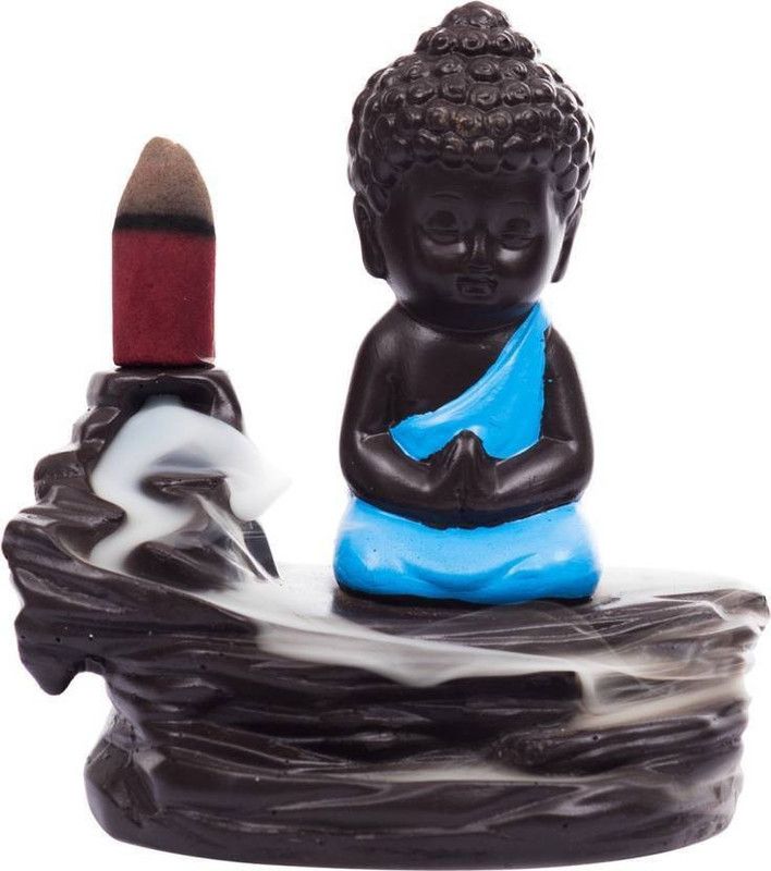 QYZL Handcrafted Meditating Little baby Monk Buddha Smoke Backflow Cone In Decorative Showpiece - 12 cm  (Brass, Black, Blue)