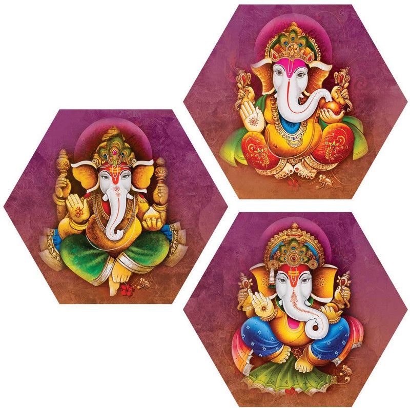 Art Amori Lord Ganesh 3 Piece Haxagon MDF Painting Digital Reprint 17 inch x 17 inch Painting  (Without Frame, Pack of 3)