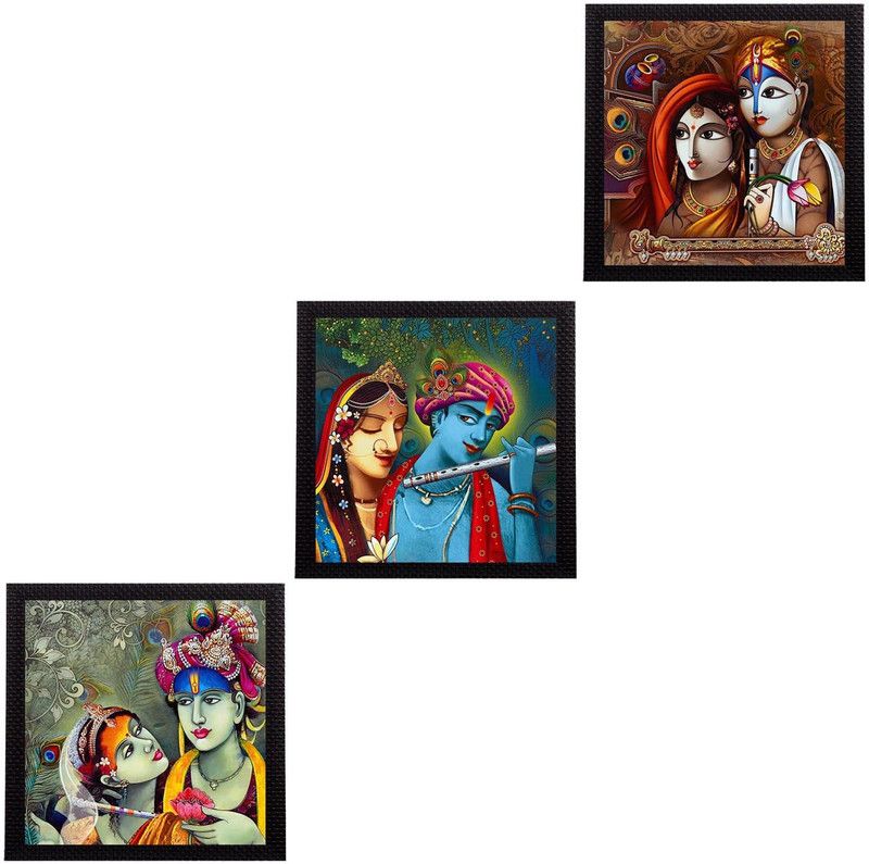 eCraftIndia Set Of 3 Radha Krishna Canvas 10 inch x 30 inch Painting  (With Frame, Pack of 3)