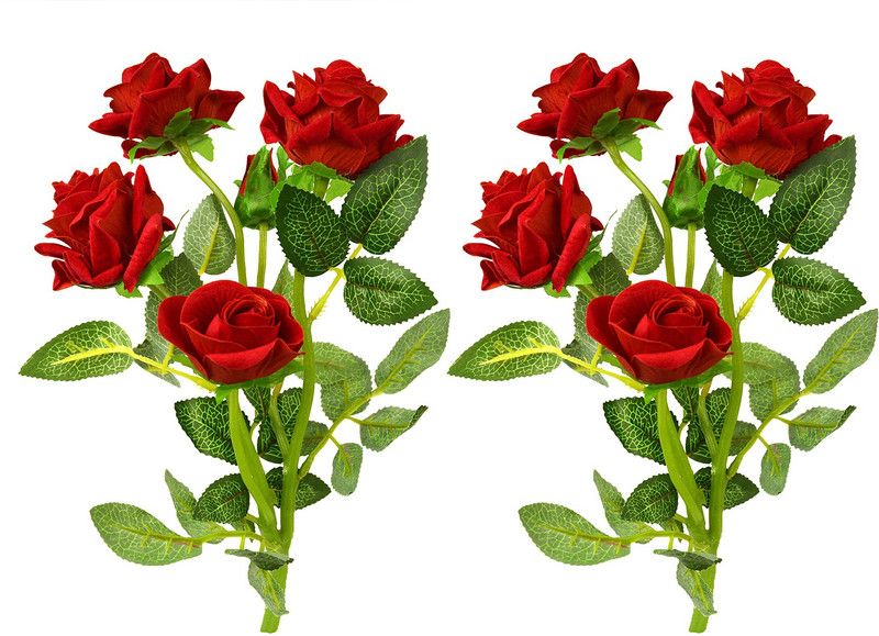 DecoreBugs Red Rose Artificial Flower  (12 inch, Pack of 2, Flower Bunch)