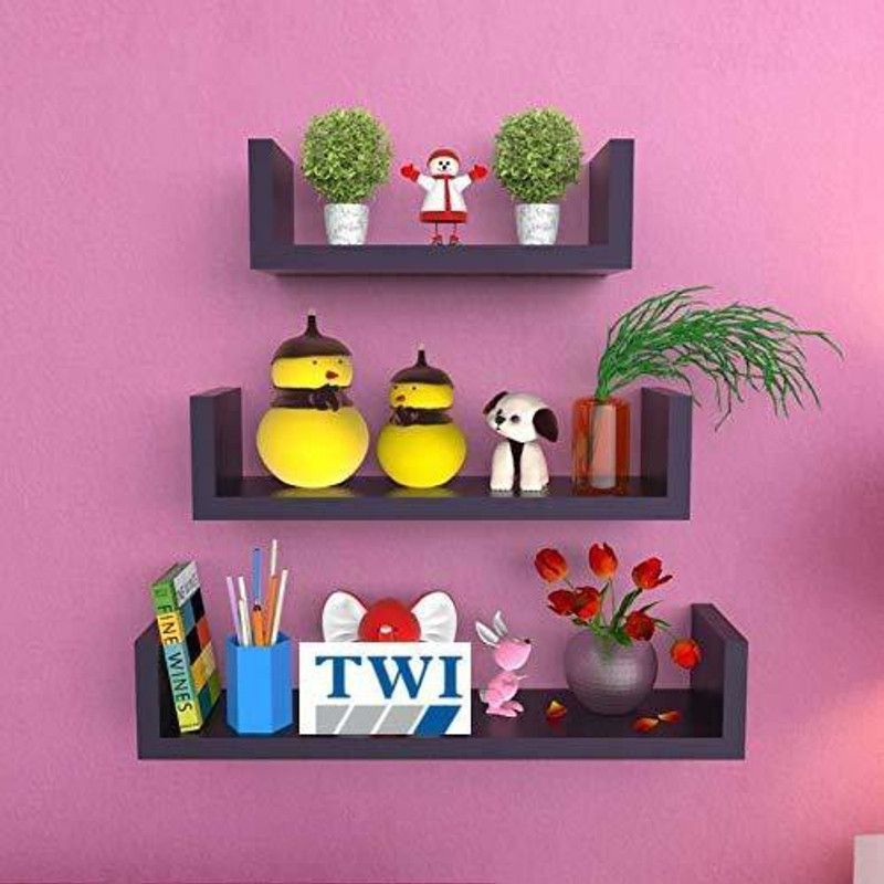 Decorhand U Rack Wooden Wall Shelf  (Number of Shelves - 3, Black)