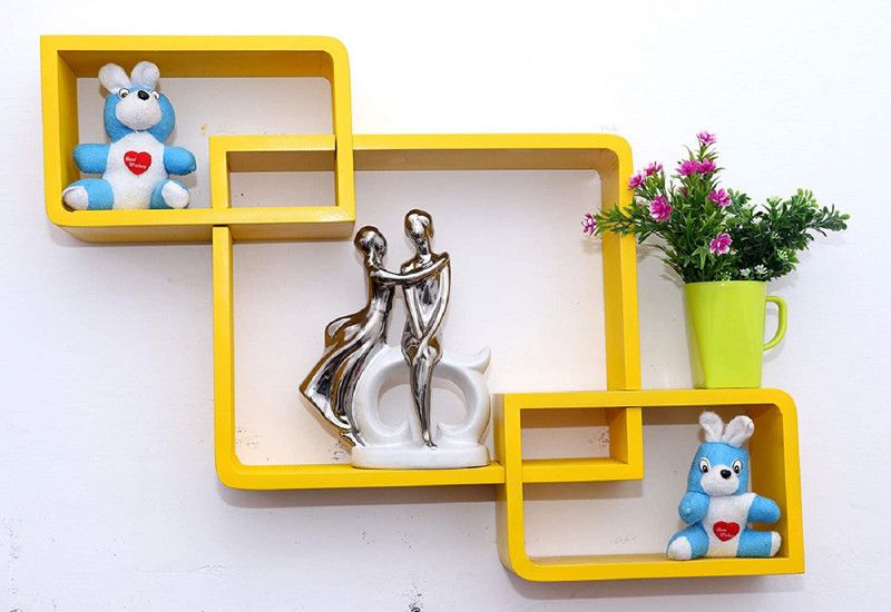 sk handicraft MDF Decorative Square Shape Corner Intersecting Wall Mount Shelves/ Home decor Yellow Rack. (Yellow) MDF (Medium Density Fiber) Wall Shelf  (Number of Shelves - 3, Yellow)