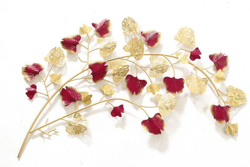 artact Branch of Crowny Crimson Ginkgo leaves Wall Art Hand Painted Crimson and gold High gloss Leaves Finish on Metal  (41 cm X 61 cm, Gold, Crimson Pink)