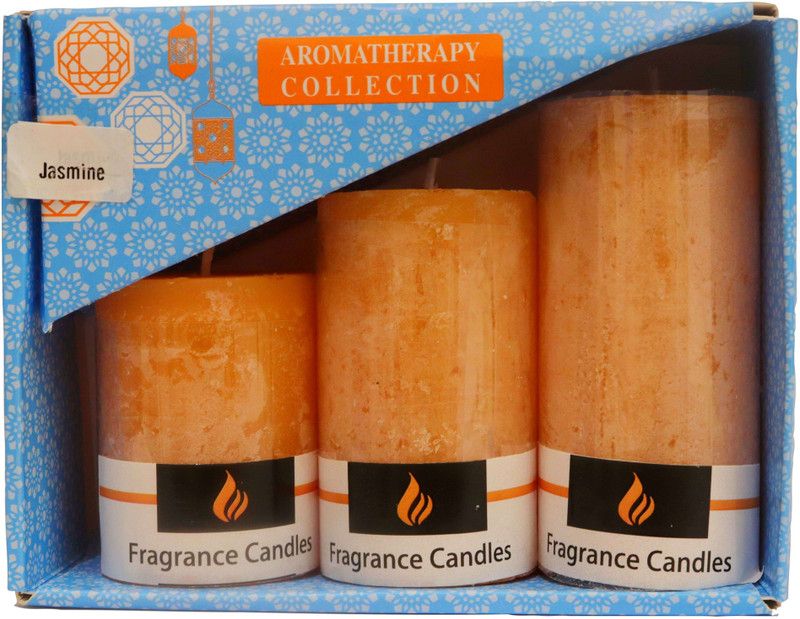 AuraDecor Fragrance Pillar Candles Set of 3 ( Jasmine ) Candle  (Orange, Pack of 3)