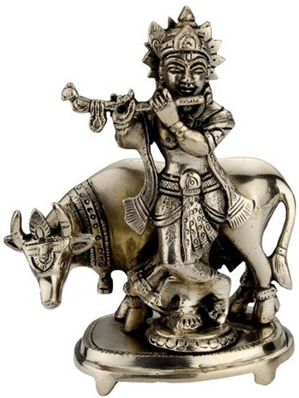 Alic Krishna with cow black antique Decorative Showpiece - 20 cm  (Brass, Silver)