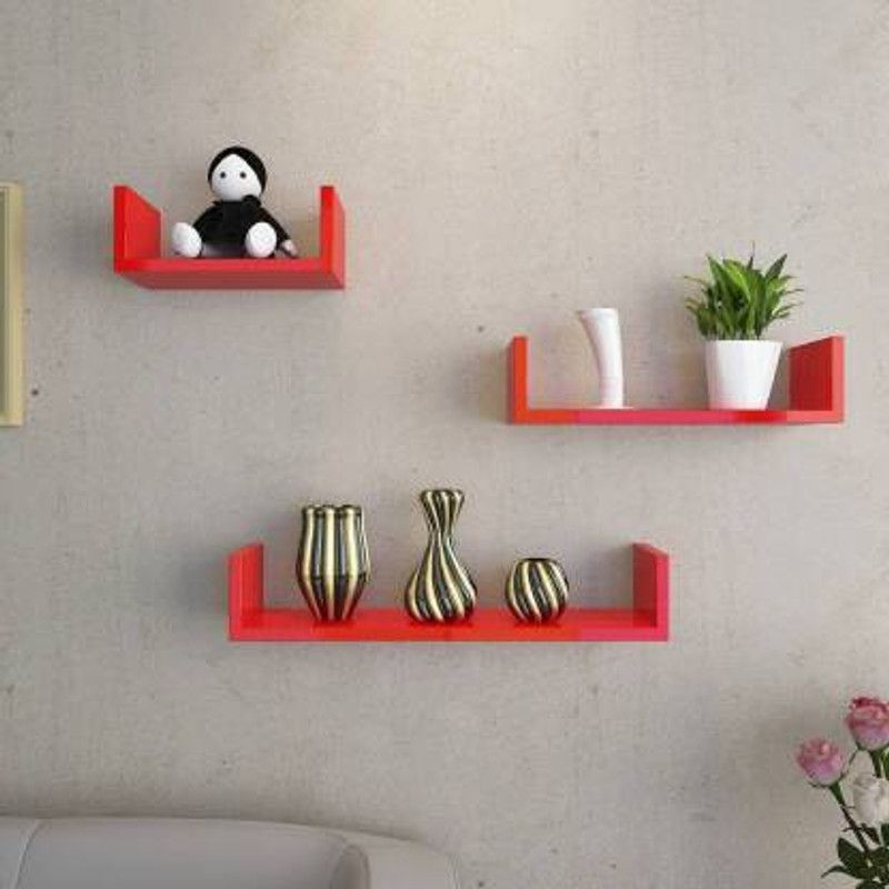 BlueEyeArt Wooden, MDF (Medium Density Fiber) Wall Shelf  (Number of Shelves - 3, Red)