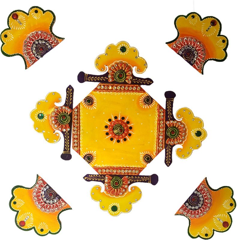 KrafterrA Pankh Shape Paper Mache Floor Rangoli (Wooden) (9Pieces) Decorative Showpiece - 18 cm  (Wood, Paper Mache, Yellow, Orange)