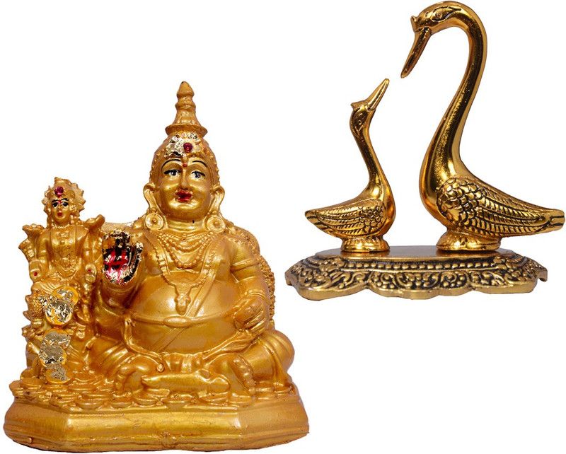 Vaah Kuber Maharaj Murti with Hnadicraft Metal Swan Pair Decorative Showpiece - 15 cm  (Polyresin, Aluminium, Gold)