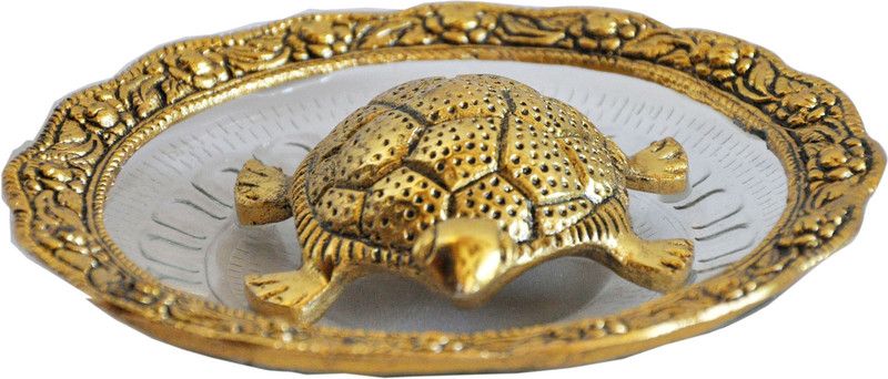India Get Shopping Oxidized Golden Metal Tortoise on White Glass Plate For Good Luck feng shui Gift Item For Vaastu Home Décor Decorative Showpiece - 2 cm  (Brass, Gold)