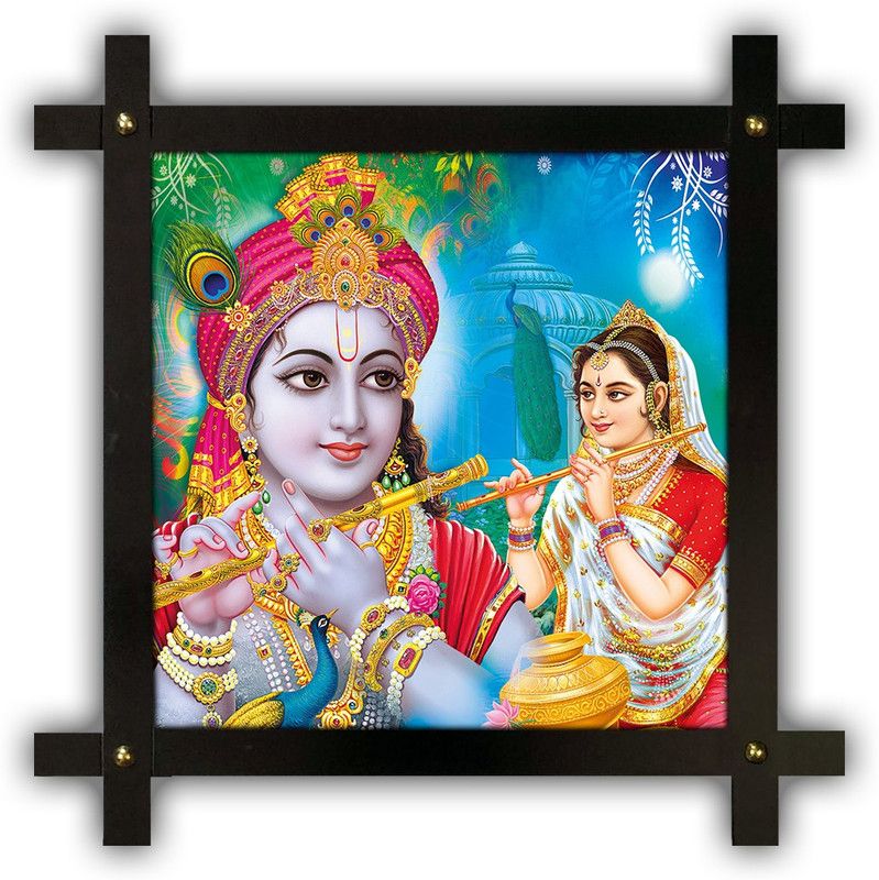 Poster N Frames Cross Wooden Frame Hand-Crafted with photo of Radha Krishna 14770 Digital Reprint 16.5 inch x 16.5 inch Painting  (With Frame)