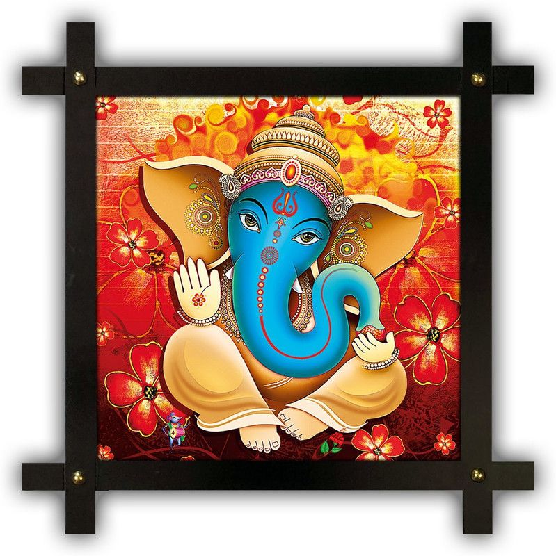 Poster N Frames Cross Wooden Frame Hand-Crafted with photo of Ganeshji (ganpati) 14889-crossframe Digital Reprint 16.5 inch x 16.5 inch Painting  (With Frame)