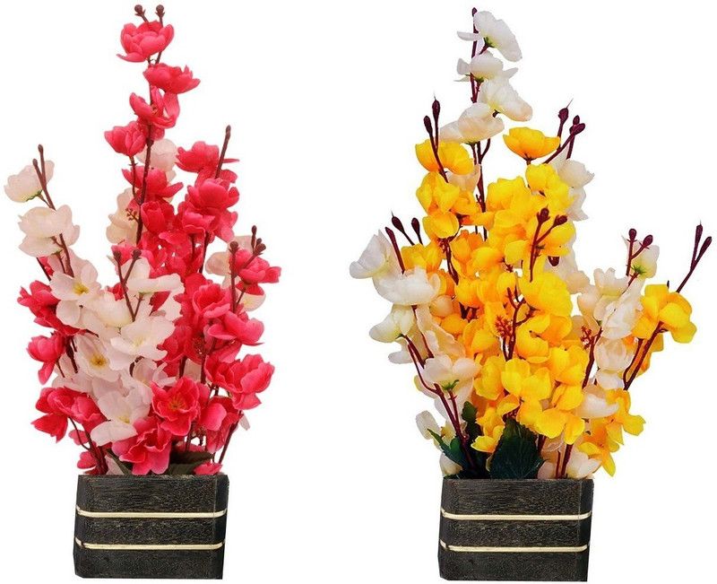 Sofix White, Yellow, White, Red Orchids Artificial Flower with Pot  (16 inch, Pack of 2, Flower with Basket)